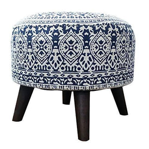 Nestroots Stool for Living Room Sitting Printed Ottoman upholstered Foam Cushioned pouffe Puffy for Foot Rest Home Furniture with 4 Wooden Legs Cotton Canvas (14" Height Navy Blue) - Home Decor Lo