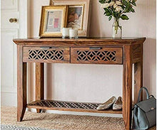 Load image into Gallery viewer, Sheesham Wood, Honey Finish Console Table with 2 Drawers and Shelf Storage (Brown)