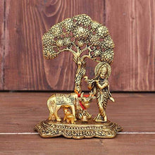Load image into Gallery viewer, Chhariya Crafts Metal Krishna with Cow Standing Under Tree Plying Flute Decorative Showpiece (Metal, Gold) - Home Decor Lo