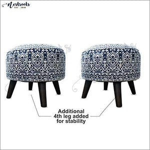 Nestroots Stool for Living Room Sitting Printed Ottoman upholstered Foam Cushioned pouffe Puffy for Foot Rest Home Furniture with 4 Wooden Legs Cotton Canvas (14" inch Height Navy Blue Set of 2) - Home Decor Lo