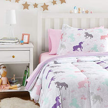 Load image into Gallery viewer, AmazonBasics Easy-Wash Microfiber Kid's Bed-in-a-Bag Bedding Set - Single, Purple Unicorns - with 2 pillow covers - Home Decor Lo