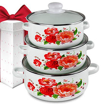 Load image into Gallery viewer, iBELL ND3318 Decorative Enamel Casserole with Sturdy Glass Lids, Gift Set of 3 (1.7, 2.2, 3Litre), White - Home Decor Lo