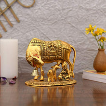 Load image into Gallery viewer, Collectible India Metal Kamdhenu Cow With Calf Showpiece, 7.5 x 7 x 5.5 Inches, Golden