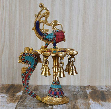 Artvarko 1 Feet Large Brass Peacock Design Multi Oil Wick Diya Lamp Multicolor Stone Handwork Pooja Articles Home Decor Item Showpieces House Warming Wedding Decoration Diwali Gift.