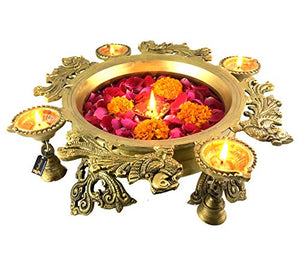 Two Moustaches Brass Peacock Design Urli with 4 Diyas (Yellow_13.5 Inch X 13.5 Inch X 6 Inch ) - Home Decor Lo
