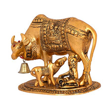 Load image into Gallery viewer, Collectible India Metal Kamdhenu Cow With Calf Showpiece, 7.5 x 7 x 5.5 Inches, Golden