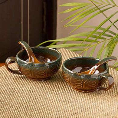 ExclusiveLane 'Amber & Teal' Studio Pottery Handled Ceramic Soup Bowls with Spoons & with Handle (Set of 2, 300 ML, Dishwasher & Microwave Safe), Amber with Teal tints, Standard (EL-005-698) - Home Decor Lo