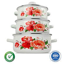 Load image into Gallery viewer, iBELL ND3318 Decorative Enamel Casserole with Sturdy Glass Lids, Gift Set of 3 (1.7, 2.2, 3Litre), White - Home Decor Lo