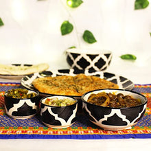 Load image into Gallery viewer, THEARTISANEMPORIUM Black Moroccan Hand-Painted Ceramic Dinner Set of 4 Dinner Plates, 4 Katori Bowls and 2 Serving Bowls Dinnerware Set (10 Pieces, Serving for 4, Microwave Safe)
