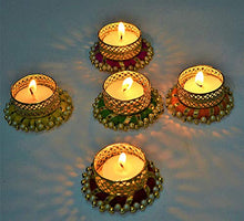 Load image into Gallery viewer, Diwali Decoration Tealight Candle Holders with Pearls, 5 Pcs Holders &amp; 5 Tealight Candles Free/Made in India/Handcrafted/Great for Gifts, Navratri, Holi, Pooja/Festival Decoration Item (5 pcs + 5 Candles FREE) - Home Decor Lo