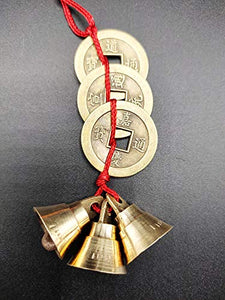 Plusvalue Fengshui Vastu Lucky Brass Hanging 3 Bell 3 Chinese Coins Main Entrance Door Hanging Decorative Home Office Wealth Spiritual Decor (Small) - Home Decor Lo