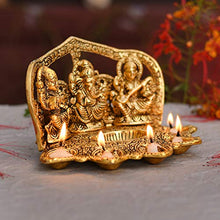 Load image into Gallery viewer, Collectible India Metal Laxmi Ganesh Saraswati Idol with Diya (Golden, 9 X 6 X 5 Inch) - Home Decor Lo