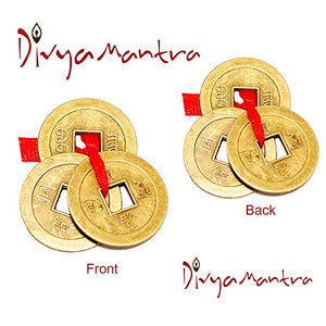 Divya Mantra Feng Shui Chinese Lucky Fortune I-Ching Coin Ornaments Wealth Charm Amulet Three Bronze Metal Coins with Hole and Red Ribbon Knot for Good Money Luck, Decoration Charms Set of 5 – Golden - Home Decor Lo
