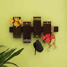 Load image into Gallery viewer, ExclusiveLane 'Birds On Planks' Warli Handpainted Wall Keyholder & Home Decorative Key Holders (6 Hooks) - Keychain Holder Key Hangers Key Stand & Wall Hanging Wooden Key Holder for Wall - Home Decor Lo