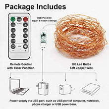 Load image into Gallery viewer, XERGY 33ft 100 LED Copper Wire Fairy String Lights 8 Modes USB Powered with Remote Control for Christmas Party Decoration-Warm White (Pack of 1) - Home Decor Lo