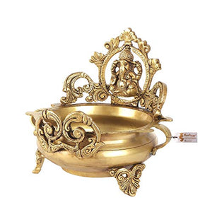 Two Moustaches Brass Ethnic Carved Ganesha Design 7 Inches Brass Decor Urli Decor Bowl (Golden) - Home Decor Lo