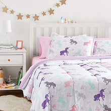 Load image into Gallery viewer, AmazonBasics Easy-Wash Microfiber Kid's Bed-in-a-Bag Bedding Set - Full or Queen, Purple Unicorns - with 4 pillow covers - Home Decor Lo