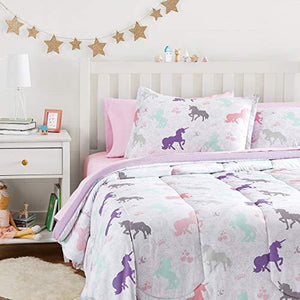 AmazonBasics Easy-Wash Microfiber Kid's Bed-in-a-Bag Bedding Set - Full or Queen, Purple Unicorns - with 4 pillow covers - Home Decor Lo
