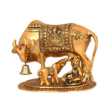 Load image into Gallery viewer, Collectible India Metal Kamdhenu Cow With Calf Showpiece, 7.5 x 7 x 5.5 Inches, Golden