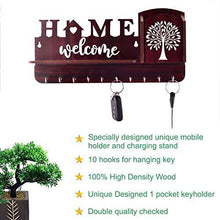Load image into Gallery viewer, Aditya Handicrafts Welcome & Home Unique Key Holder With Mobile Holder & Charging Stand Cloth Toval & Mask Hanger Watch Wallet Showpiece Storage Self Wooden Handcrafted Home & Office Decoration (10 Hooks, Wooden) - Home Decor Lo