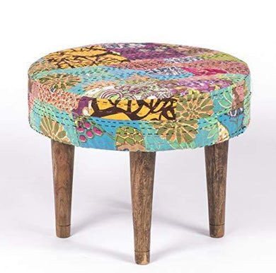Ikiriya Solid Wood Multicolor Kantha Cushioned Stool - Patchwork Handstitch Kantha; Teak Finish Legs - Home Decor Lo