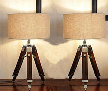 Load image into Gallery viewer, Beverly Studio 12 Inches Beige Drum Shade Sheesham 12 Inches High Wooden Tripod Lamp - Home Decor Lo