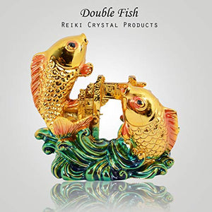 Reiki Crystal Products Porcelain Feng Shui Double Fish For Good Luck And Prosperity (7 x 3 x 7 cm, Golden) - Home Decor Lo