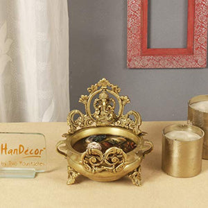 Two Moustaches Brass Ethnic Carved Ganesha Design 7 Inches Brass Decor Urli Decor Bowl (Golden) - Home Decor Lo