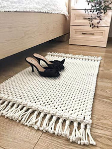 pepme Cotton Macrame Rug, Boho Cotton Placemat with Tassels for Bedroom Living Room, Rectangle Home Decor Foot Mat (40x18 inches, Pack of 1) - Home Decor Lo