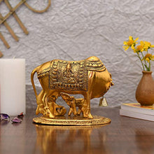 Load image into Gallery viewer, Collectible India Metal Kamdhenu Cow With Calf Showpiece, 7.5 x 7 x 5.5 Inches, Golden