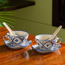 Load image into Gallery viewer, ExclusiveLane 'Moroccan Floral' Hand Painted Studio Pottery Ceramic Soup Bowls with Spoons & Saucers (Set of 2, Microwave Safe, 250 ML) - Handled Soup Bowls with Handle Soup Set with Spoon Soup Cups - Home Decor Lo