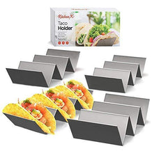 Load image into Gallery viewer, 4 Pack Stainless Steel Taco Holder Tray, Taco Truck Stand Holds Up To 3 Tacos Each as Plates, Use as a Shell Baking Rack - Safe for Dishwasher, Oven, and Grill, Holders Size 8" x 4" x 2" - Home Decor Lo