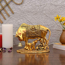 Load image into Gallery viewer, Collectible India Metal Kamdhenu Cow With Calf Showpiece, 7.5 x 7 x 5.5 Inches, Golden