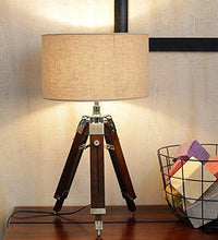 Load image into Gallery viewer, Beverly Studio 12 Inches Beige Drum Shade Sheesham 12 Inches High Wooden Tripod Lamp - Home Decor Lo