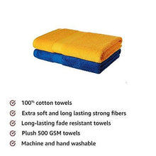 Load image into Gallery viewer, Amazon Brand - Solimo 100% Cotton 2 Piece Bath Towel Set, 500 GSM (Iris Blue and Sunshine Yellow) - Home Decor Lo