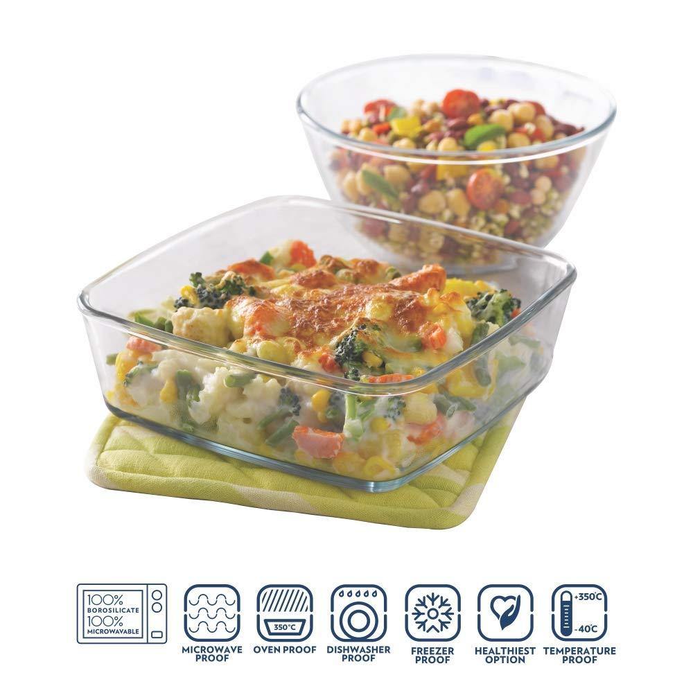 Borosil Glass Mixing Bowl and Square Dish with Lid Set, 2-Pieces