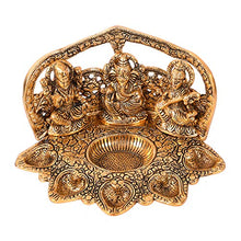 Load image into Gallery viewer, Collectible India Metal Laxmi Ganesh Saraswati Idol with Diya (Golden, 9 X 6 X 5 Inch) - Home Decor Lo