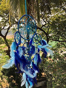 Rooh Dream Catcher ~ Blue 4 Tier with Pretty Lights ~ Handmade Hangings for Positivity (Can be Used as Home Décor Accents, Wall Hangings, Garden, Car, Outdoor, Bedroom, Key Chain, Windchime) - Home Decor Lo