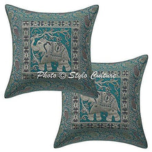Load image into Gallery viewer, Stylo Culture Banarasi Silk Brocade Jacquard Decorative Sofa Cushion Covers 16 by 16 Set of 2 Living Room Sea Green Square Elephant Ethnic Home Decor Cushions Pillows 16x16 - Home Decor Lo