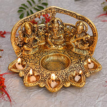Load image into Gallery viewer, Collectible India Metal Laxmi Ganesh Saraswati Idol with Diya (Golden, 9 X 6 X 5 Inch) - Home Decor Lo