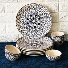 Load image into Gallery viewer, THEARTISANEMPORIUM Mermaid Tales Hand-Painted Ceramic Dinner Set of 6 Dinner Plates and 6 Katori Serving Bowls (12 Piece, Serving for 6, White and Indigo, Microwave Safe)