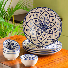 Load image into Gallery viewer, ExclusiveLane 'Moroccan Floral' Handpainted Ceramic Plates for Dinner Ceramic Dinner Plates with Katoris (8 Pieces, Serving for 4, Microwave Safe) - Dinner Sets Ceramic Bowls Set Dinnerware Sets - Home Decor Lo