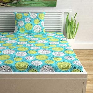 Divine Casa Sense Cotton 104 TC Single Bedsheet with Pillow Cover - Floral, Turquoise Blue - Home Decor Lo