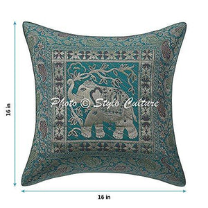 Stylo Culture Banarasi Silk Brocade Jacquard Decorative Sofa Cushion Covers 16 by 16 Set of 2 Living Room Sea Green Square Elephant Ethnic Home Decor Cushions Pillows 16x16 - Home Decor Lo