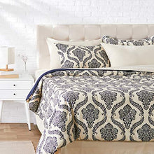 Load image into Gallery viewer, AmazonBasics 8-Piece Comforter Bedding Set, King, Blue and Tan Damask, Microfiber, Ultra-Soft - Home Decor Lo