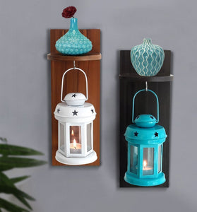 Tied Ribbons Lantern Candle Holder with Wooden Shelve Set of 2 (Multicolour) - Home Decor Lo