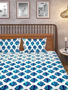 HUESLAND By Ahmedabad Cotton Comfort Cotton Bedsheet with 2 Pillow Covers - King Size, White and Blue - Home Decor Lo