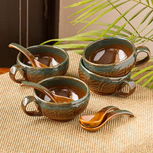 Load image into Gallery viewer, ExclusiveLane Amber & Teal Studio Pottery Handled Ceramic Soup Bowls with Spoons & with Handle, Dishwasher & Microwave Safe, 300 ML, Set of 4, Amber with Teal tints, Standard (EL-005-699) - Home Decor Lo