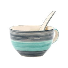 Load image into Gallery viewer, KITTENS Ceramic Handpainted Seagreen Soup Bowl with Spoon, Set of 2, Blue - Home Decor Lo