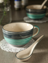 Load image into Gallery viewer, KITTENS Ceramic Handpainted Seagreen Soup Bowl with Spoon, Set of 2, Blue - Home Decor Lo